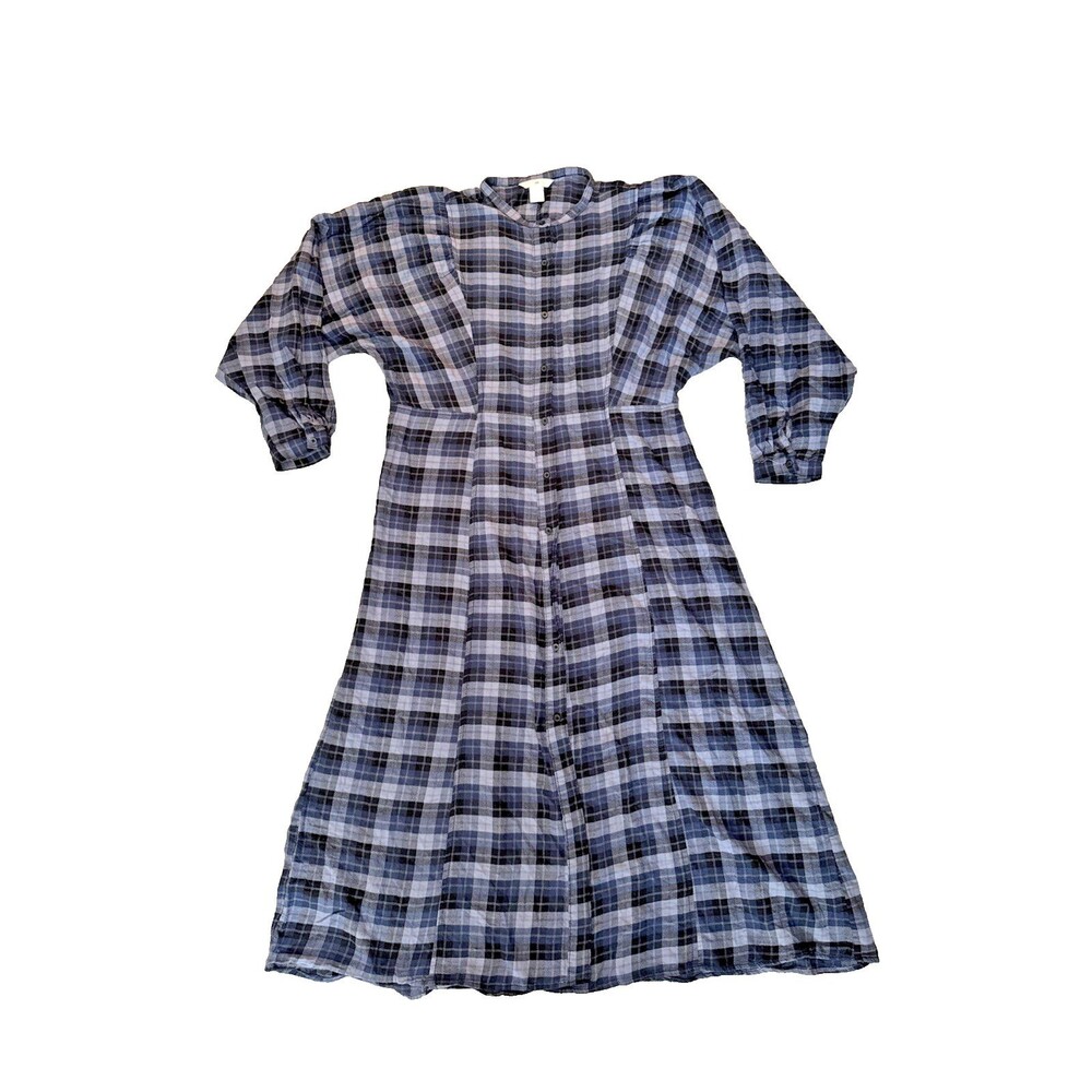 H&M Cottage Maxi Dress M Prairie Modest Boho Button Up Long Sleeve Cotton Plaid